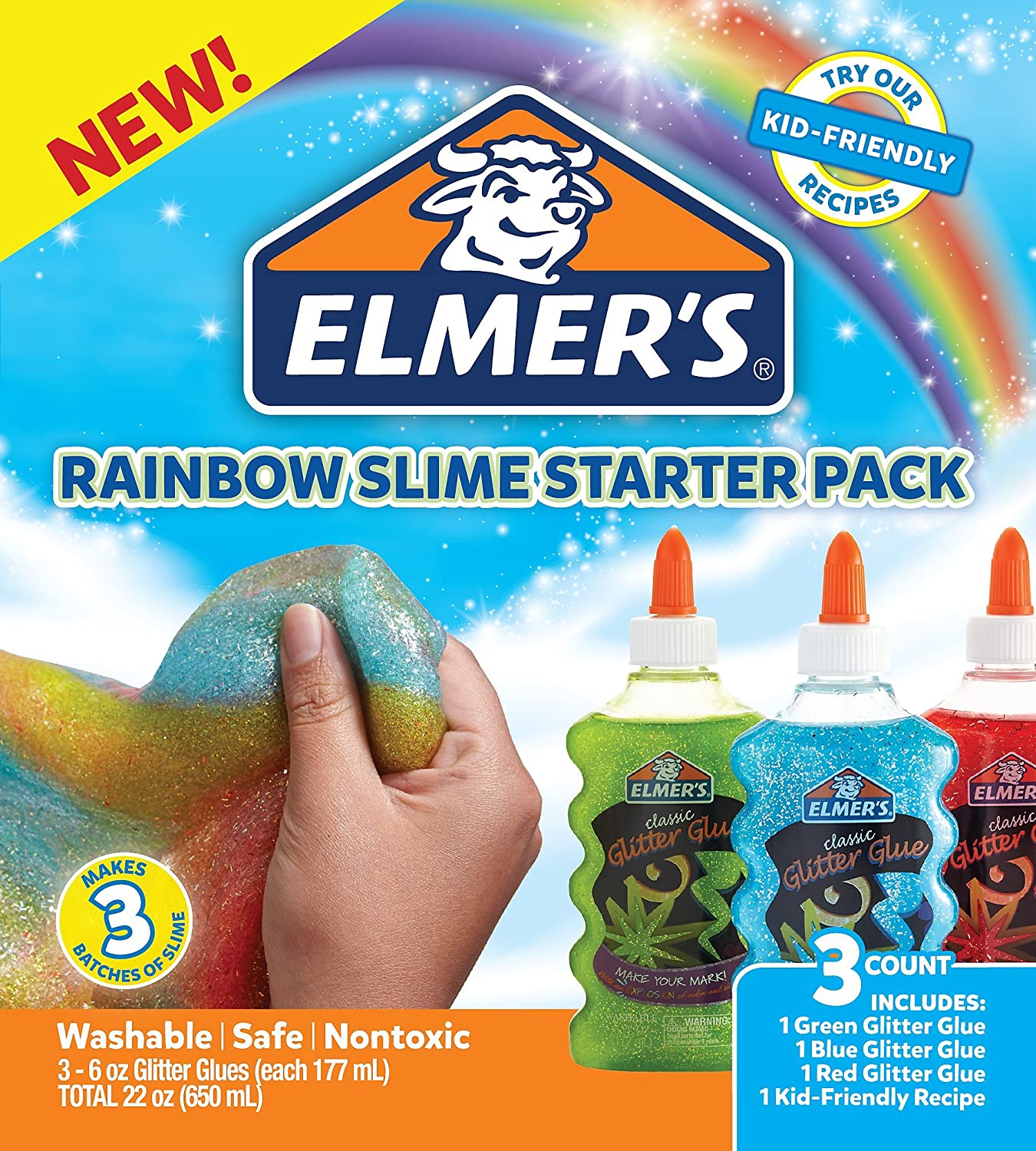 Elmer’s Rainbow Slime Starter Kit with Green, Blue and Red Glitter Glue, 6 Ounces Each, 3 Count