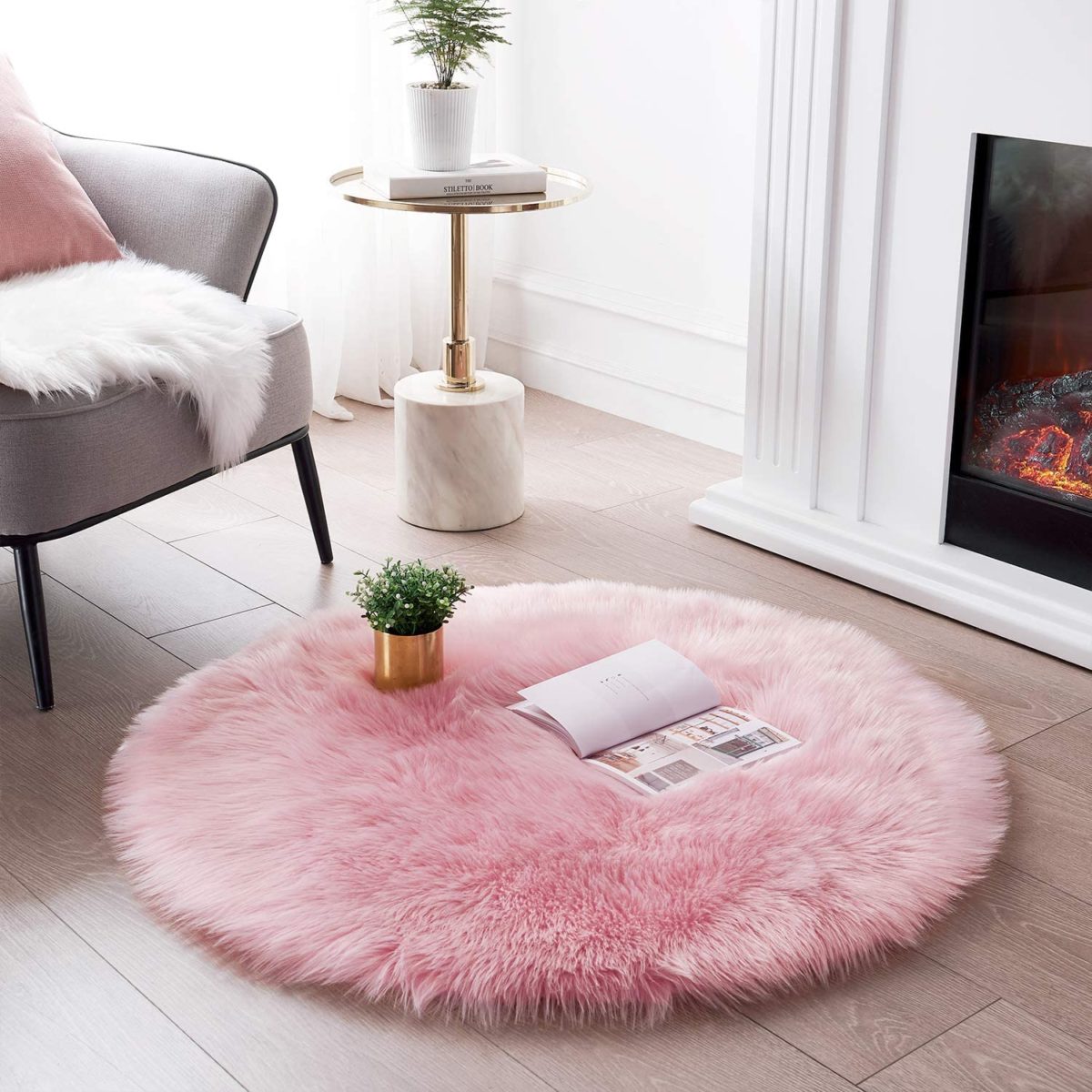 Ultra Soft Round Faux Sheepskin Fur Area Rug Pink 3 feet x 3 feet