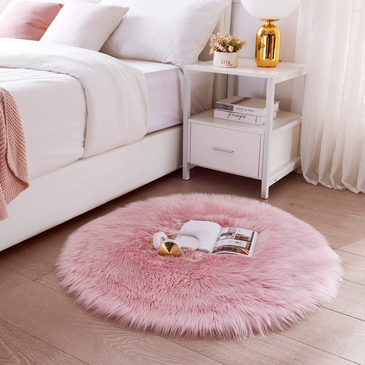 Ultra Soft Round Faux Sheepskin Fur Area Rug Pink 3 feet x 3 feet