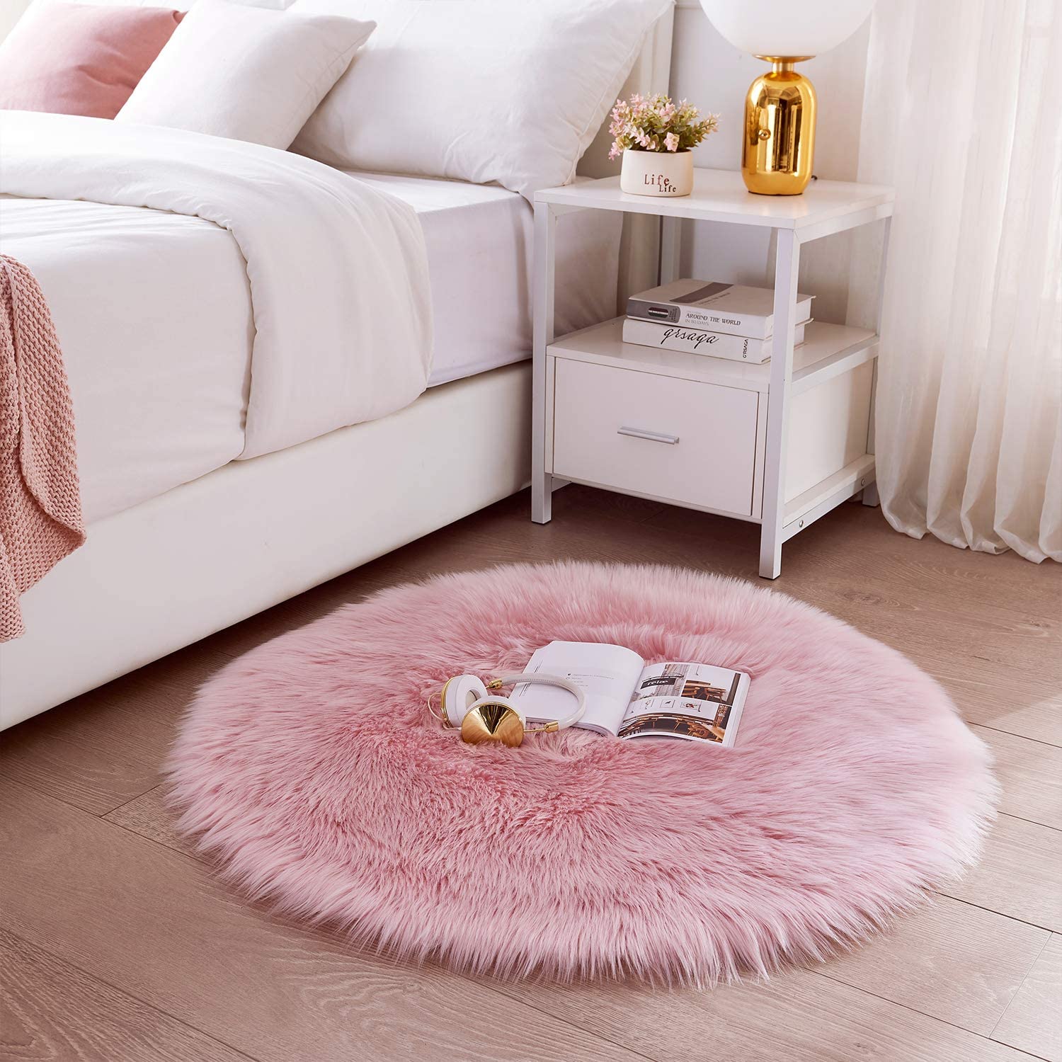 Ultra Soft Round Faux Sheepskin Fur Area Rug Pink 3 feet x 3 feet