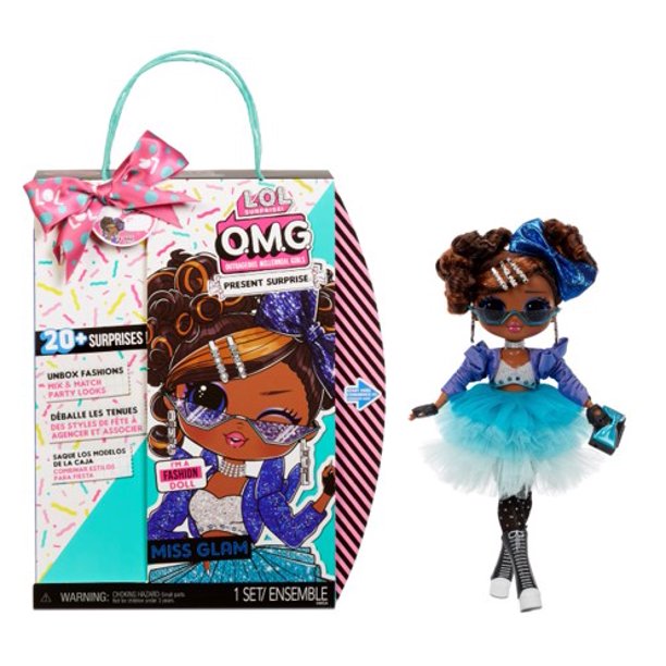 LOL Surprise OMG Present Surprise Fashion Doll Miss Glam with 20 Surprises and 5 Fashion Looks