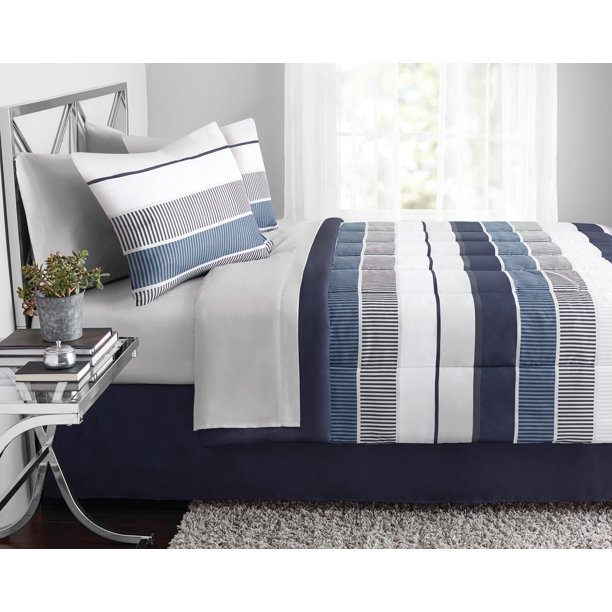 Mainstays Blue Stripe 8 pc Bed in a Bag Set with Sheets, Queen