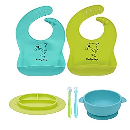 Baby Bowl Plate Bib Spoon Set, Strong Suction Silicone Toddler Self Feeding Set