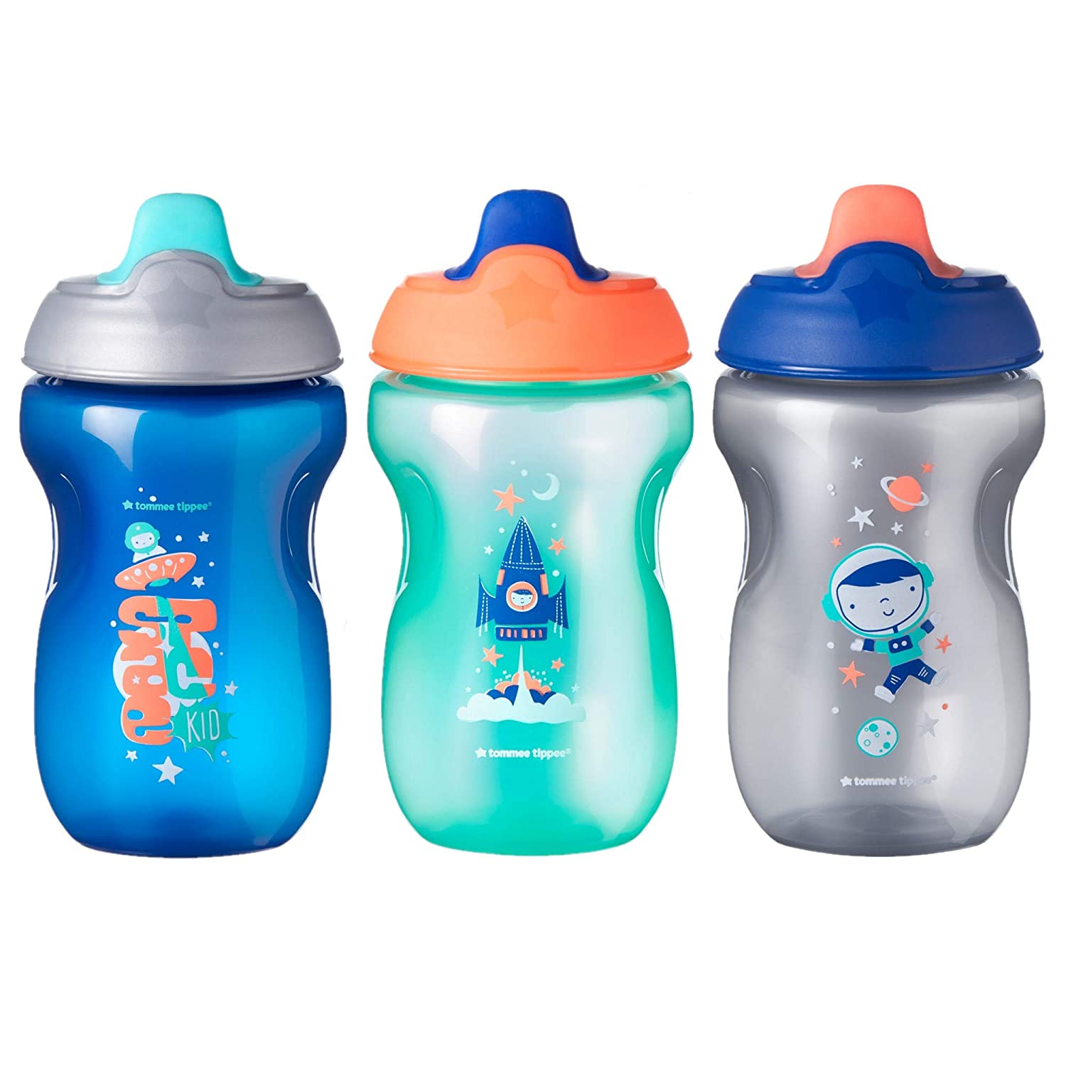 Tommee Tippee Non-Spill Toddler Sippee Cup, 9+ Months, 10 Oz, 3 Count, Boy, Gray, Blue and Green