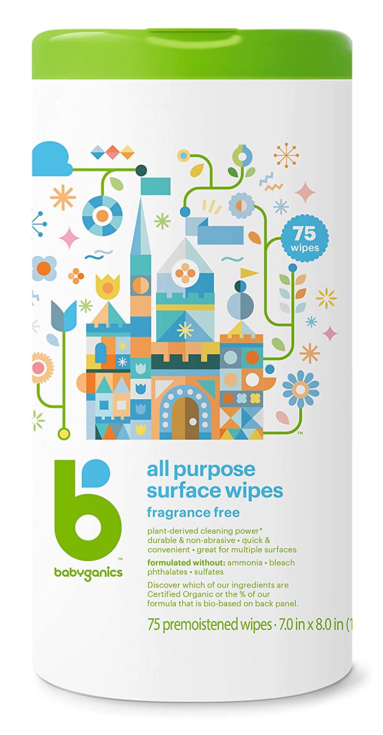 Babyganics All Purpose Surface Wipes, Fragrance Free, 150 Count (75 Count, 2 Pack), Plant Based and Non-Abrasive, No Ammonia, No Bleach