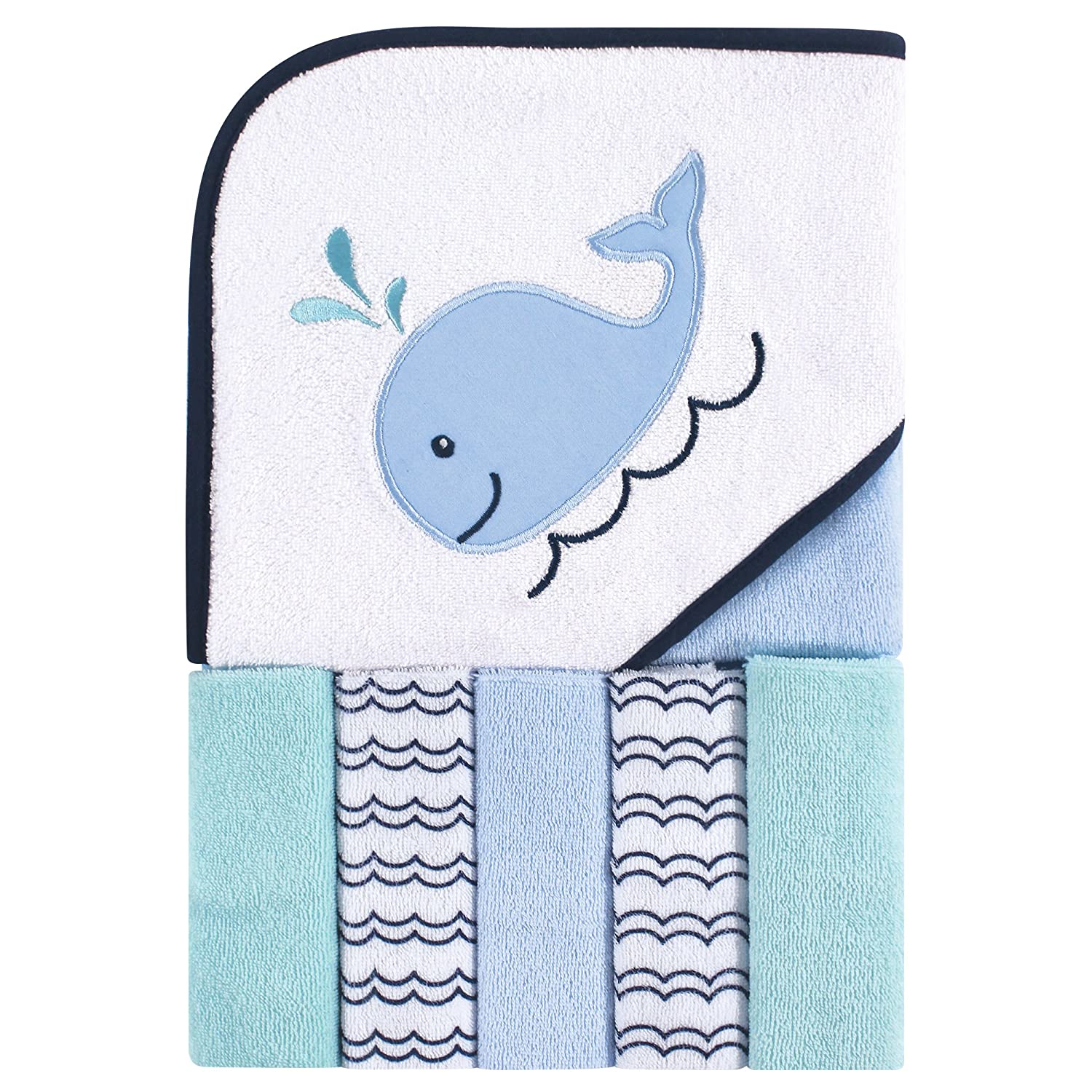 Luvable Friends Unisex Baby Hooded Towel with Five Washcloths, Boy Whale, One Size