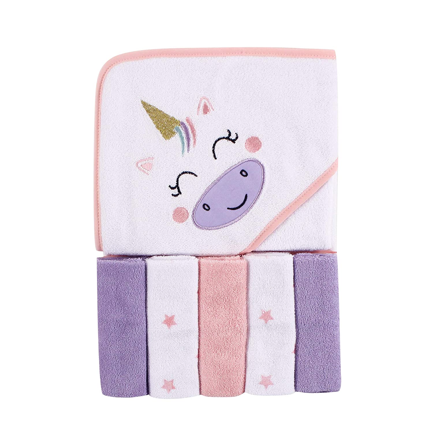 Luvable Friends Unisex Baby Hooded Towel with Five Washcloths, Unicorn, One Size