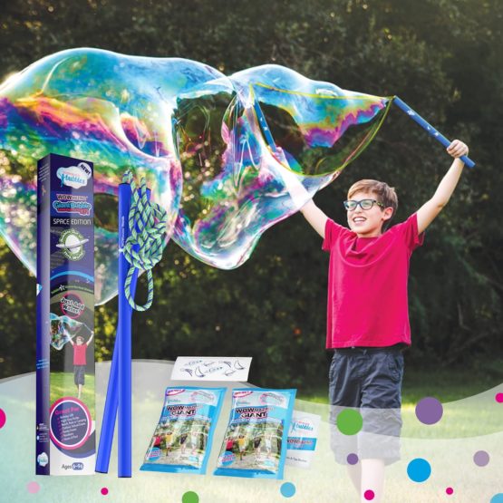WOWMAZING Giant Bubble Kit: Space – Incl. Wand, 2 Big Bubble Concentrate Pouches and 8 Glow-in-The-Dark Stickers