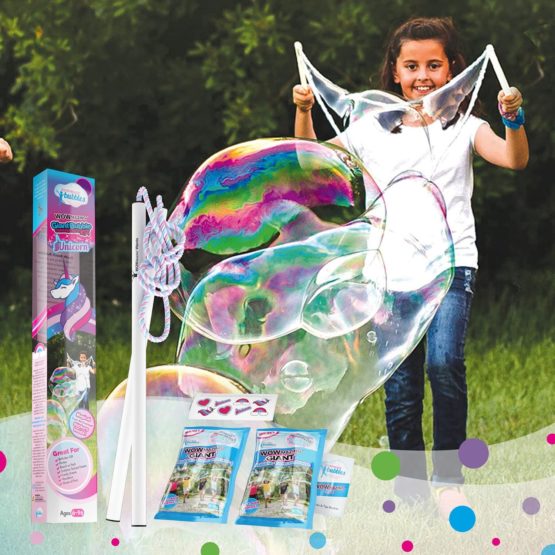 WOWMAZING Giant Bubble Kit: Unicorn – Incl. Wand, 2 Big Bubble Concentrate Pouches and 8 Sun-Activated Magical Stickers | Outdoor Toy for Kids, Girls | Bubbles