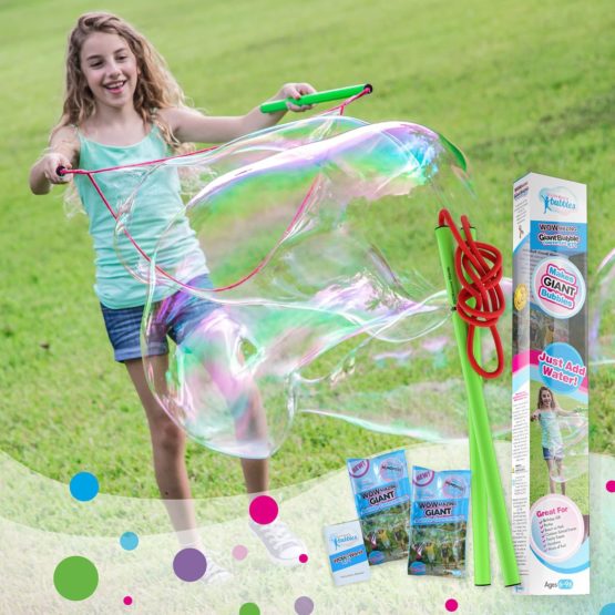 WOWMAZING Giant Bubble Wands Kit: (4-Piece Set) | Incl. Wand, Big Bubble Concentrate and Tips & Trick Booklet | Outdoor Toy for Kids, Boys, Girls | Bubbles