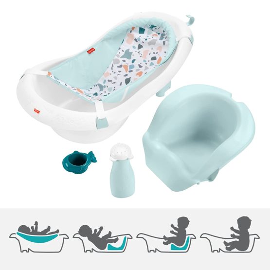 Fisher-Price 4-In-1 Sling ‘N Seat Bath Tub, Pacific Pebble, Baby To Toddler Convertible Tub With Seat And Toys