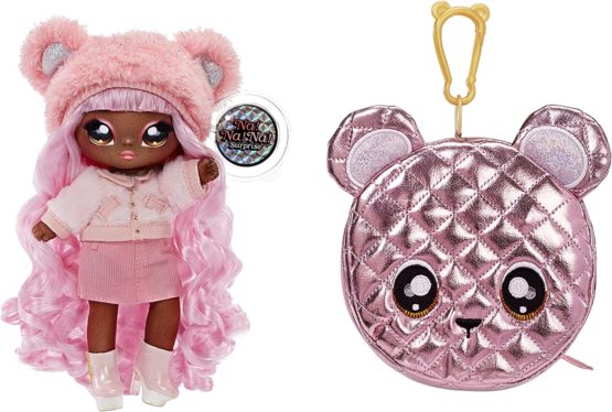 Na! Na! Na! Surprise Glam Series Cali Grizzly Fashion Doll and Metallic Bear Purse, Pink Hair, Cute Fuzzy Hat Outfit & Accessories, 2-in-1 Kids Gift, Toy for Girls and Boys Ages 5 6 7 8+ Years