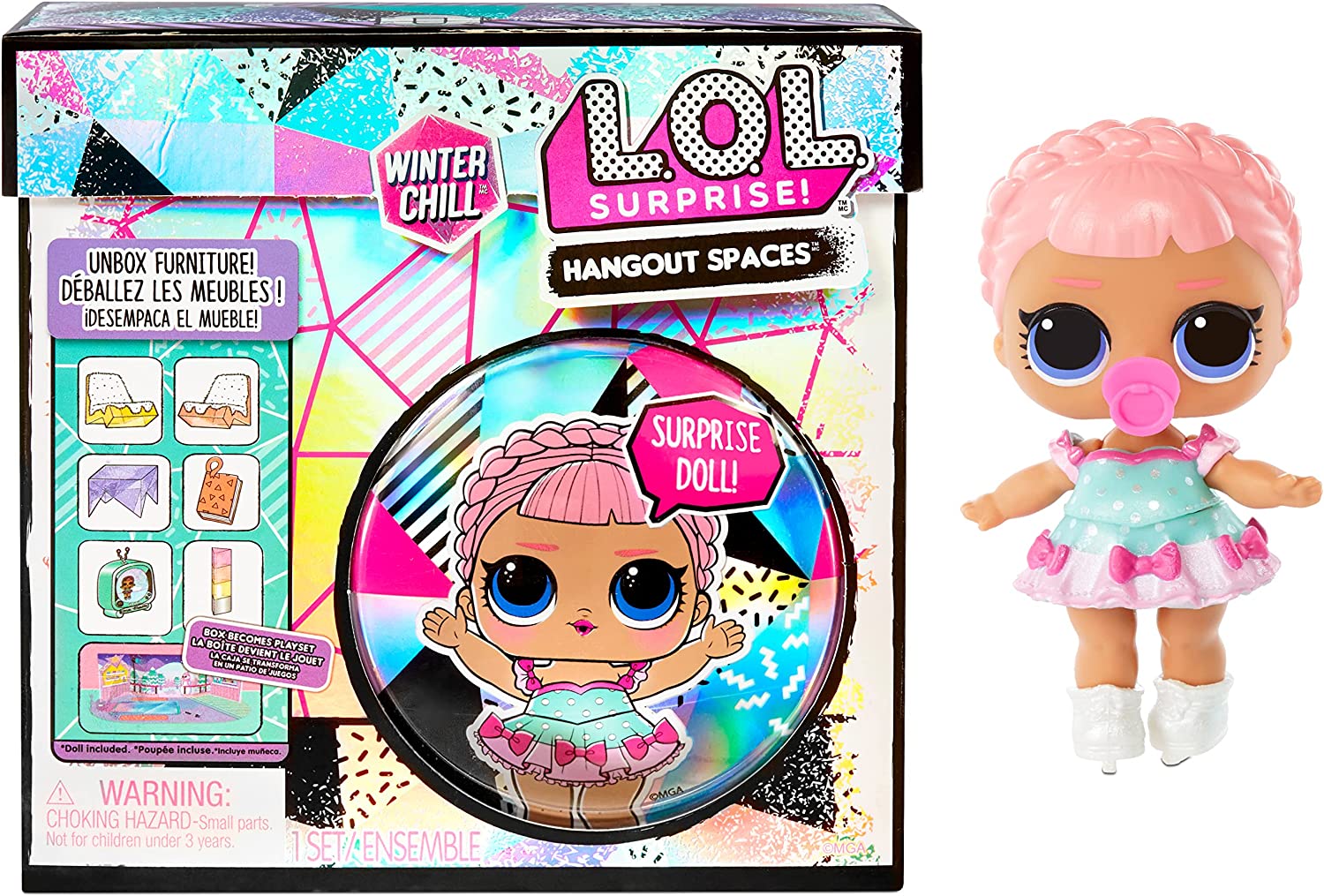 LOL Surprise Winter Chill Hangout Spaces Furniture Playset with Ice Sk8er Doll, 10+ Surprises with Accessories, for LOL Dollhouse Play- Collectible Toy
