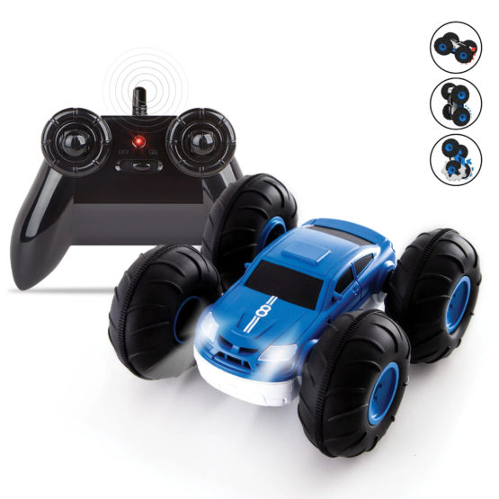 Sharper Image Remote Control RC Cars Flip Stunt Rally Car Toy for Kids, 49 MHz, 2-in-1 Reversible Design for Racing, Cool Stunts, Tricks, Led Headlights, AAA Battery Powered, Blue/White Design