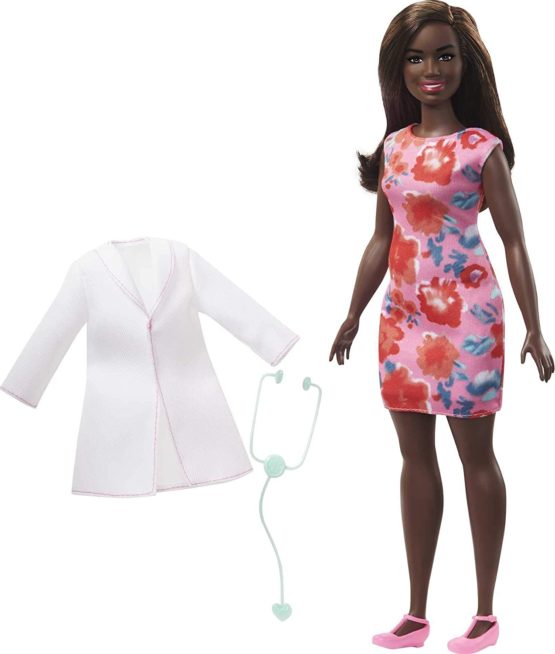 Barbie Doctor Doll (12-in/30.40-cm), Brunette Hair, Curvy Shape, Doctor Coat, Print Dress, Stethoscope Accessory, Great Toy Gift for Ages 3 Years Old & Up