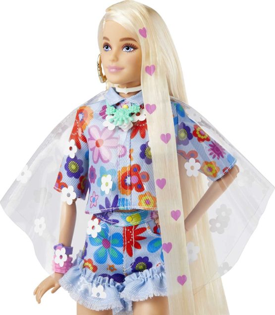 Barbie Extra Fashion Doll #12, Long Blonde Hair with Heart Icons and Pet Bunny, Floral Fashion, Toys and Gifts for Kids