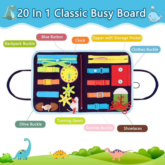 Busy Board, 20 in 1 Montessori Toys for Toddler, Sensory Board with Extra DIY Page for Learning Fine Motor Skills and Travel, Preschool Educational Learning Toys