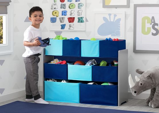 Delta Children Deluxe Multi-Bin Toy Organizer with Storage Bins – Greenguard Gold Certified, Grey/Blue Bins