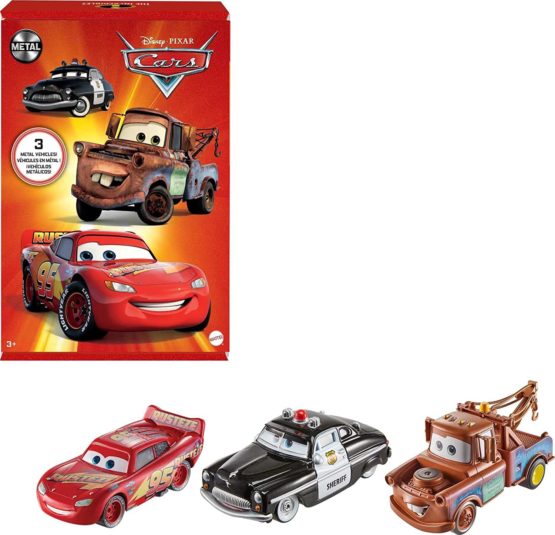 Disney Pixar Cars Toys, Radiator Springs 3-Pack with Lightning McQueen, Mater and Sheriff Die-Cast Toy Cars
