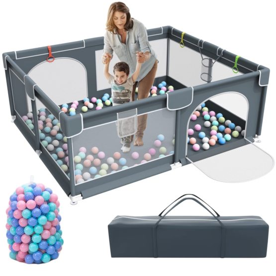 Baby Playpen,Kids Large Playard with 50PCS Pit Balls,Indoor & Outdoor Kids Activity Center,Infant Safety Gates with Breathable Mesh,Sturdy Play Yard for Toddler,Children’s Fences Packable & Portable