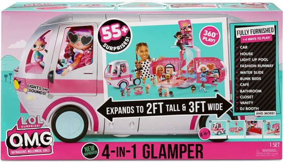 LOL Surprise OMG Glamper Fashion Camper Doll Playset with 55+ Surprises, Fully-Furnished with Light Up Pool, Water Slide, Bunk Beds, Cafe, BBQ Grill, DJ Booth – Gift Toy for Girls Ages 4 5 6 7+ Years