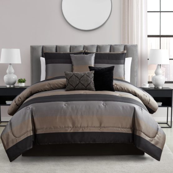 Mainstays Hudson Black Stripe Polyester 7-Piece Comforter Set, Full/Queen