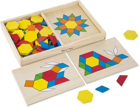 Melissa & Doug Pattern Blocks and Boards – Classic Toy With 120 Solid Wood Shapes and 5 Double-Sided Panels, Multi-colored – STEAM Toy, Wooden Pattern Blocks Animals, Tangrams Puzzle For Kids Ages 3+