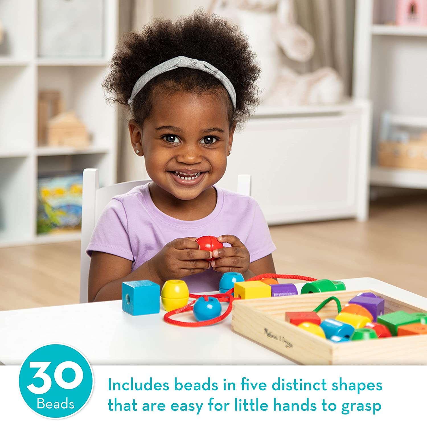 Melissa & Doug Primary Lacing Beads – Educational Toy With 30 Wooden Beads and 2 Laces – Beads For Toddlers, Fine Motor Skills Lacing Toys For Toddlers And Kids Ages 3+
