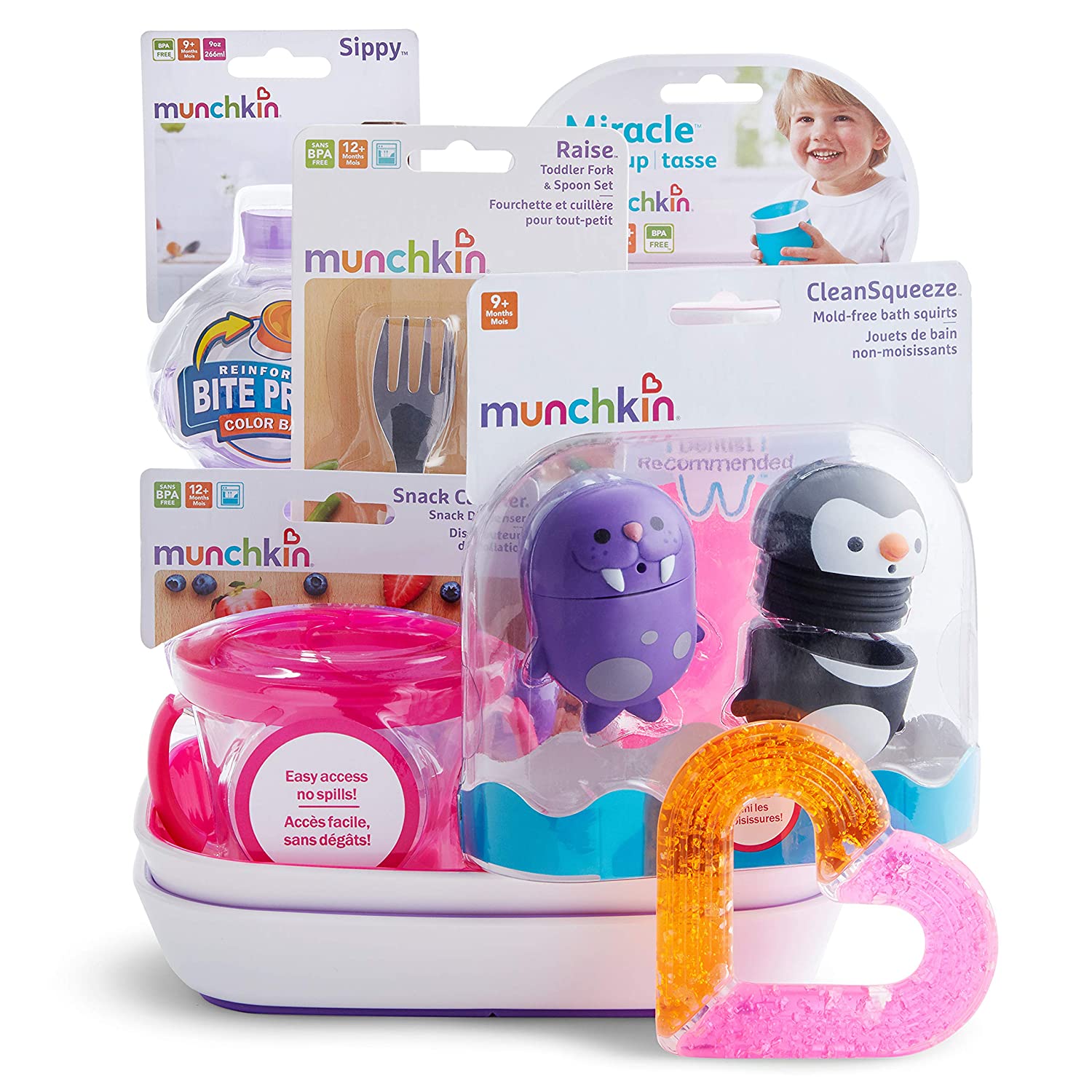 Munchkin 1st Birthday Gift Basket, Great for Baby Birthdays, Includes 7 Baby Products, Pink