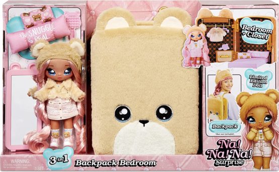 Na Na Na Surprise 3-in-1 Backpack Bedroom Playset Sarah Snuggles Fashion Doll in Exclusive Outfit, Fuzzy Teddy Bear Bag, Closet with Pillows & Blanket Accessories, Gift for Kids