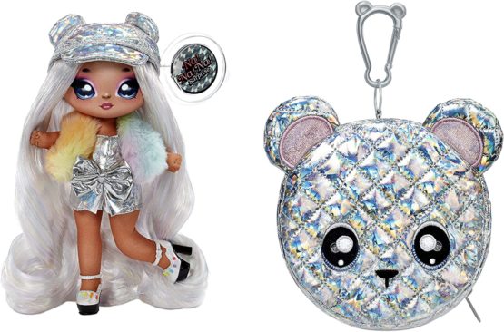 Na Na Na Surprise Glam Series Ari Prism Fashion Doll & Metallic Teddy Bear Purse, Cute Hat, Prismatic Silver Dress Outfit & Accessories, 2-in-1 Gift for Kids