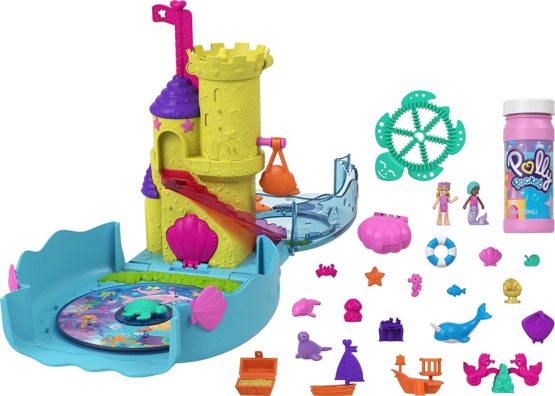Polly Pocket Bubble Aquarium with Underwater Theme, 2 Bubble-Making Features, Pool, Micro Polly & Mermaid Doll, Bubble Solution & 18 Accessories, Pop & Swap Feature, for Ages 4 Years Old & Up
