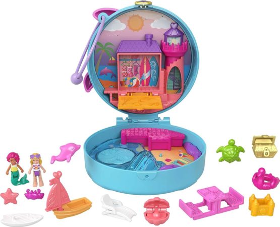 Polly Pocket Dolphin Beach Compact, 2 Micro Dolls, 5 Reveals, 13 Accessories, Pop and Swap Feature, 4 and up