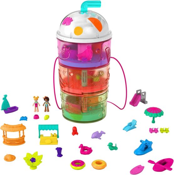 Polly Pocket Spin ‘n Surprise Compact Playset, Tropical Smoothie Shape, Waterpark Theme, 3 Floors, 25 Accessories