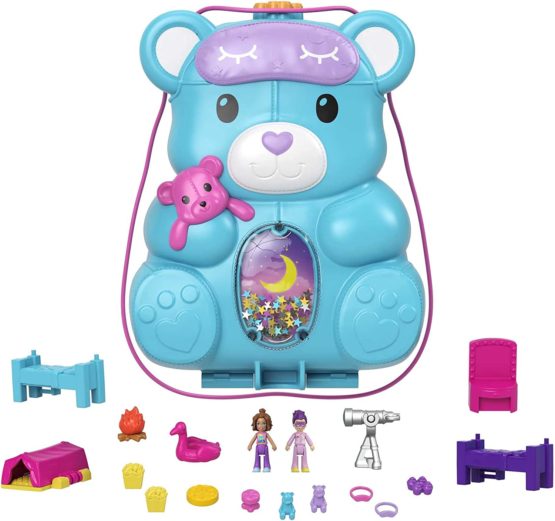 Polly Pocket Teddy Bear Purse Compact, Sleepover Theme with 2 Micro Dolls & 16 Accessories, Gift for Ages 4 Years Old & Up