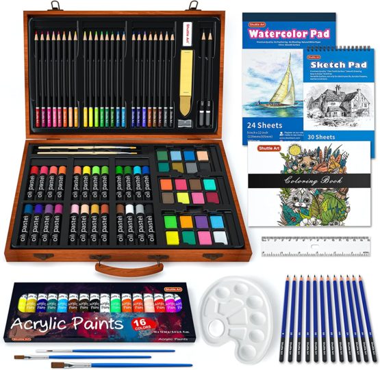 Shuttle Art Art Supplies in Wooden Case, Painting Drawing Art Kit with Acrylic Paint Pencils Oil Pastels Watercolor Cakes Coloring Book Watercolor Sketch Pad for Kids Adults 118 pcs