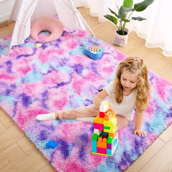 Soft Rainbow Area Rugs for Girls Room 3×5 Feet, PURPLE Fluffy Girls Bedroom Rugs, Princess Rug, Cute Colorful Carpet for Kids Teens Nursery Toddler