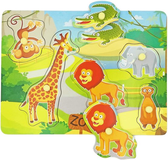 Wooden Peg Baby Puzzles, Full-Color Pictures Animal Shape Chunky Puzzle, Jumbo Knob Zoo Puzzle for Toddlers 18 Months and Up, 6Pieces