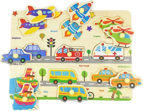 Wooden Puzzles Vehicles & Traffic Tools Chunky Baby Puzzles Peg Board for Preschool Educational Jigsaw Puzzles, 9 Pieces