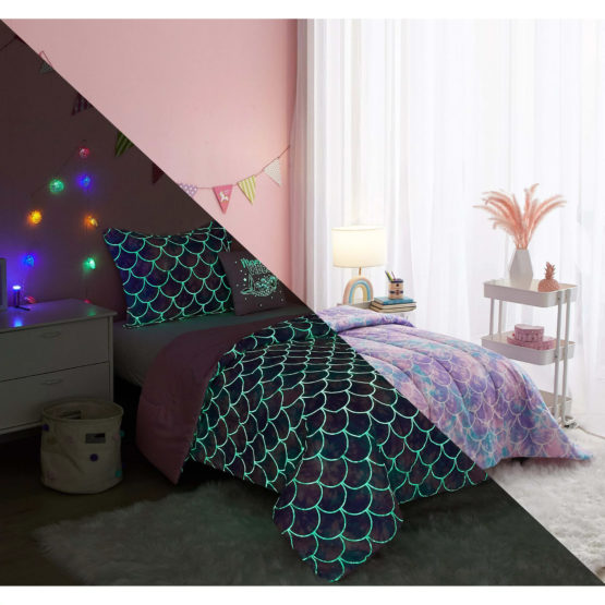 Your Zone Mermaid 5 Piece Glow In the Dark Comforter Set with Bonus String Light, Twin
