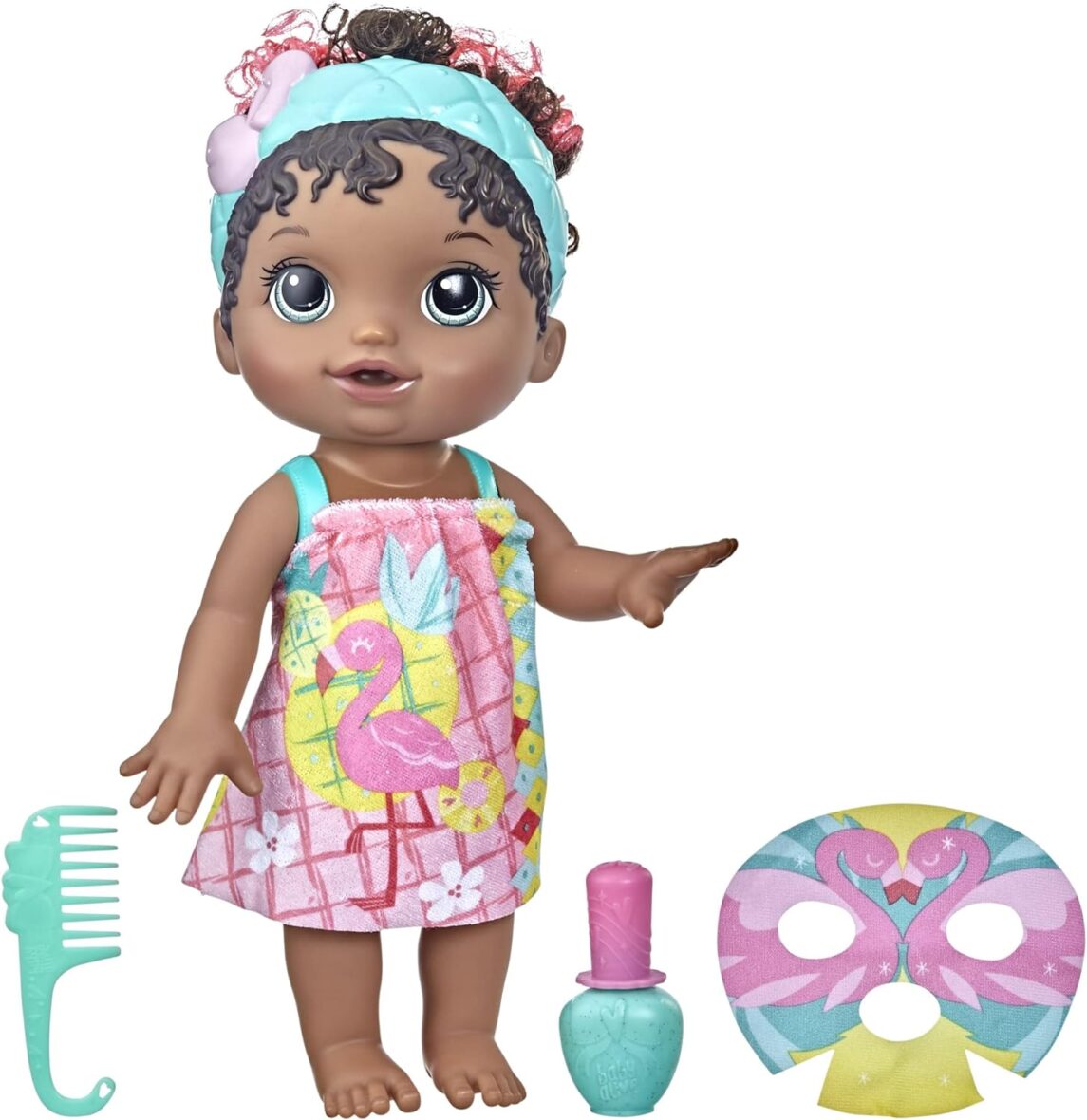 Baby Alive Glam Spa Baby Doll, Flamingo, Makeup Toy for Kids 3 and Up, Color Reveal Mani-Pedi and Makeup, 12.4-Inch Waterplay Doll, Black Hair