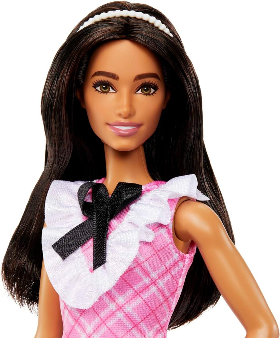 Barbie Fashionistas Doll #209 with Black Hair Wearing a Pink Plaid Dress, Pearlescent Headband and Strappy Heels