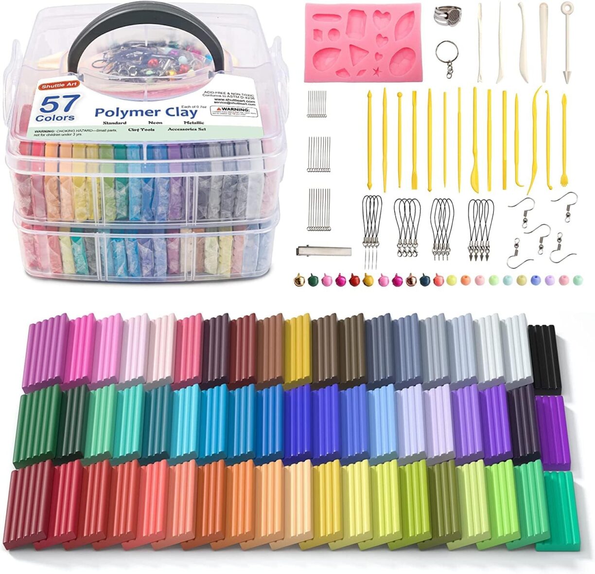 Shuttle Art Polymer Clay, Shuttle Art 57 Colors Oven Bake Modeling Clay, Creative Clay Kit with 19 Clay Tools and 10 Kinds of Accessories, Non-Toxic, Non-Sticky, Ideal DIY Art Craft Clay Gift