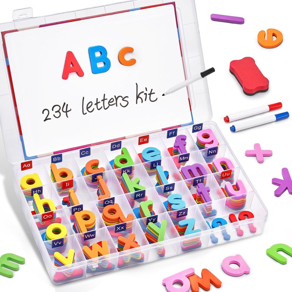 JoyCat Classroom Magnetic Letters Kit Colorful 234 Pcs with Double – Side Magnet Board – Foam Alphabet Letters