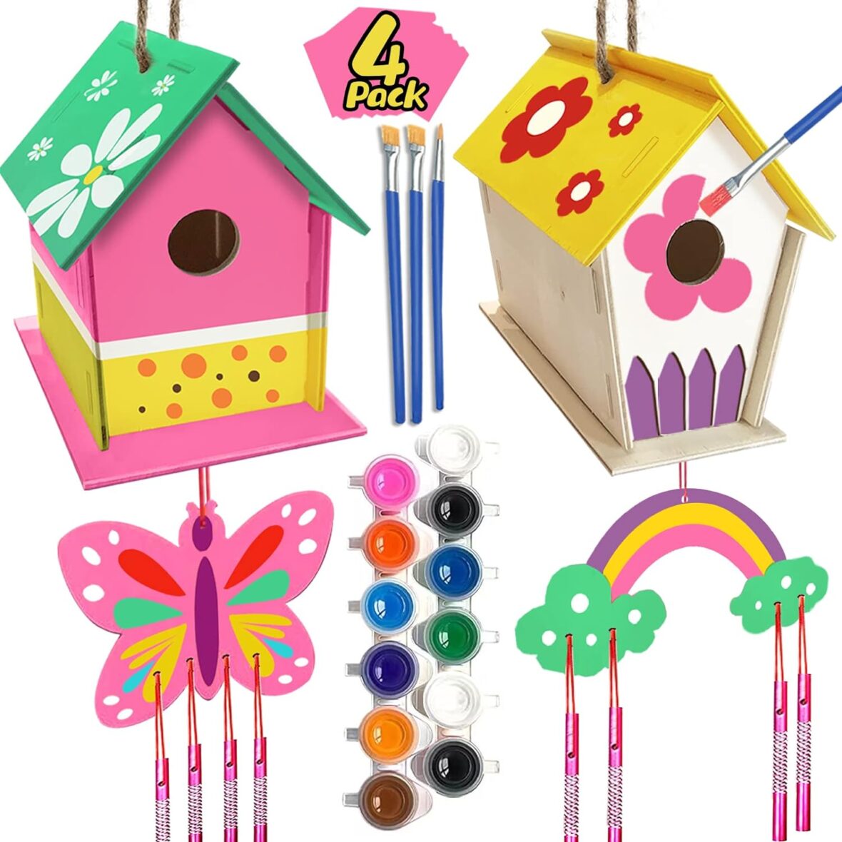 Crafts for Kids Ages 4-8 – 4 Pack DIY Bird House Wind Chime Kit – Build and Paint Birdhouses Wooden Arts Kits