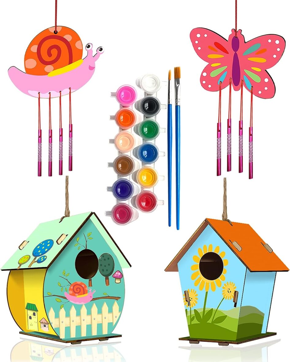 HOME COMPOSER 4 Pack DIY Bird House Wind Chime Kits for Children to Build and Paint, Wooden Arts and Crafts