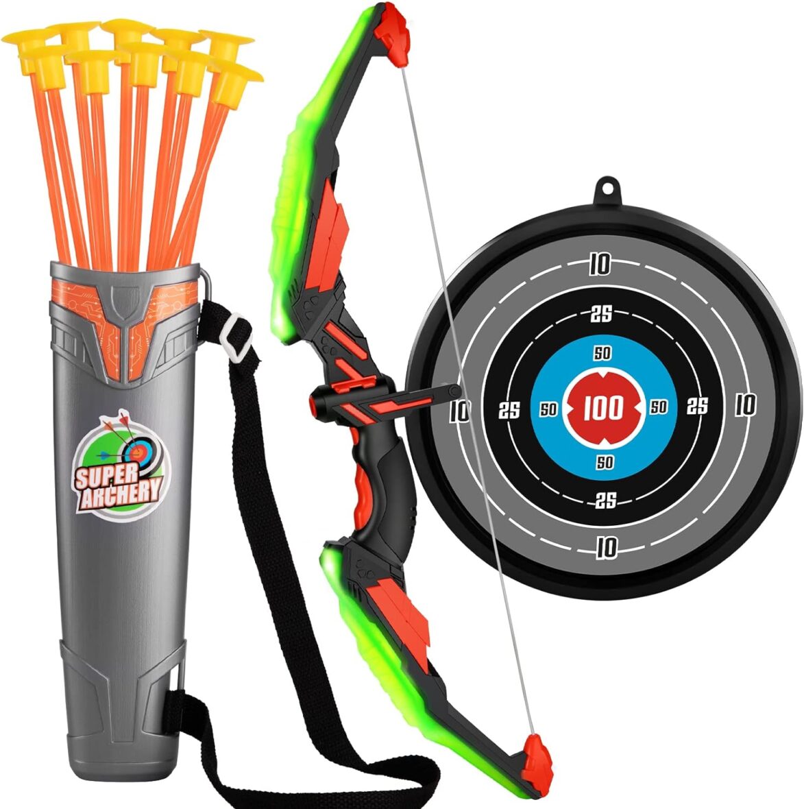 TEMI Kids Bow and Arrow Set – LED Light Up Archery Toy Set with 10 Suction Cup Arrows, Target & Quiver, Indoor and Outdoor Toy