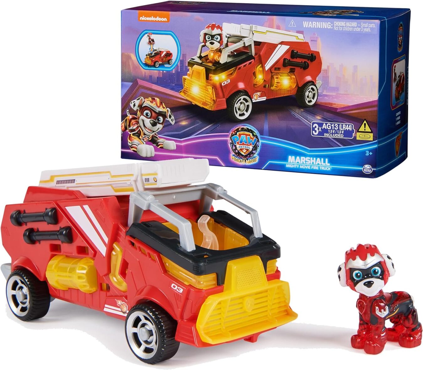 Paw Patrol: The Mighty Movie, Firetruck Toy with Marshall Mighty Pups Action Figure, Lights and Sounds, Kids Toys for Boys & Girls 3+