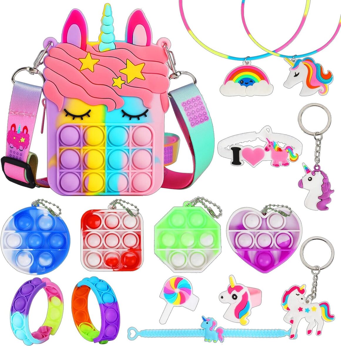 Fidget Purse, Pop Fidget Push It Bubble Popper Unicorn Bag with Bulk Fidget Bracelets Key Chain Stress Relief Toys for Girls Ages 3-12
