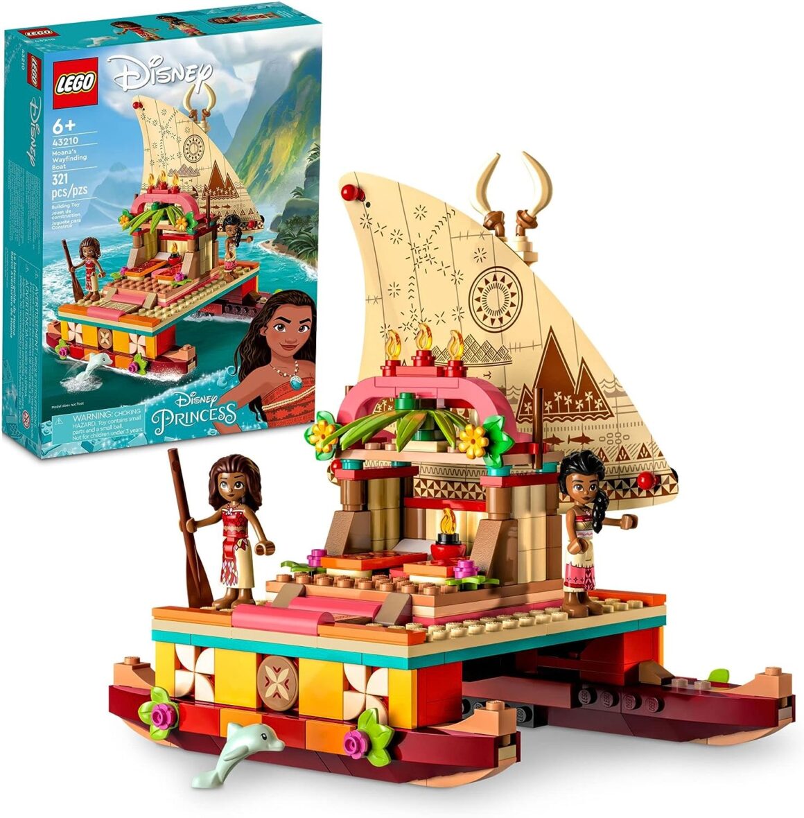 LEGO Disney Princess Moana’s Wayfinding Boat Building Toy 43210 Disney Princess Toy Set with Moana and Sina Mini-Dolls, Dolphin Figure